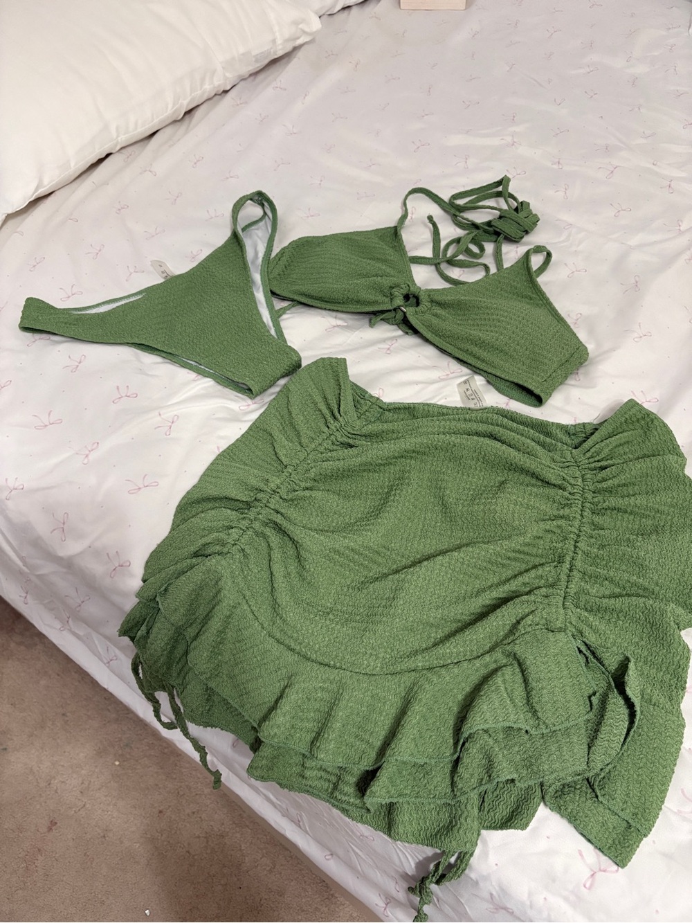 SHEIN Olive Green Textured Bikini Top, Bottoms & Ruched Skirt Set